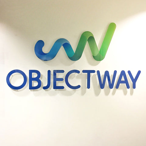 3D Wall sign with custom printed logo squiggle for objectway - Dark blue lettering custom colour and sign icon wall sign stand off lettering with drop shadow